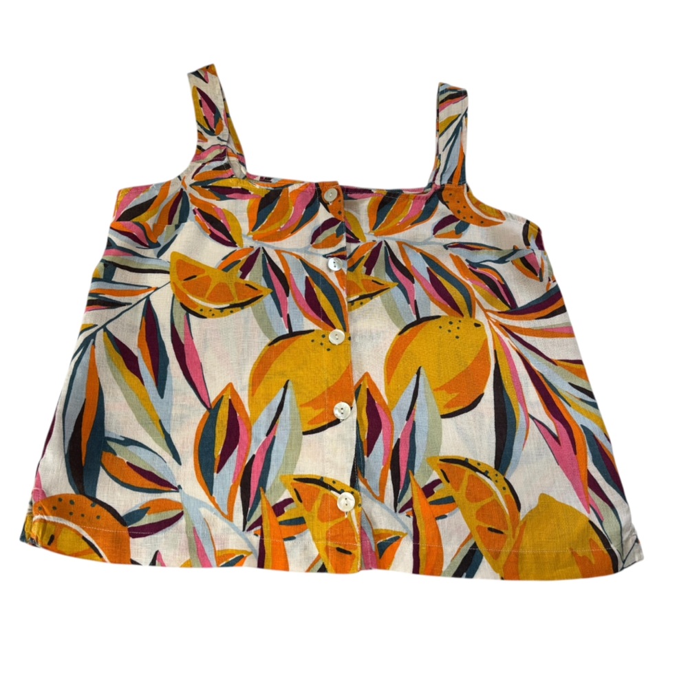 C&C California Tropical Print Button Down Tank Top, 100% Linen, Sleeveless Sz L